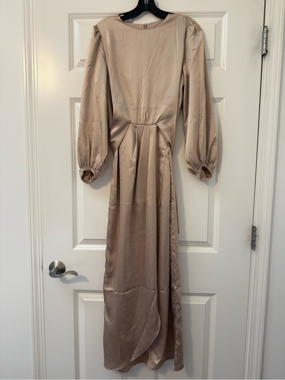 Flowing Long Sleeve Satin Maxi Dress in Champagne Beige